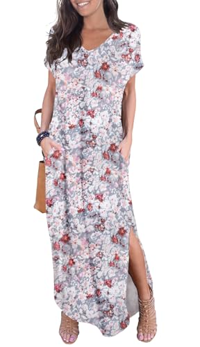Image of GRECERELLE Women's Summer Maxi Dress Casual Loose V Neck Short Sleeve Side Split Long Dresses with Functional Pockets