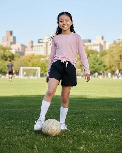 Image of Real Essentials 4 Pack: Girls' Dry-Fit Long Sleeve Crew Neck T-Shirt - Athletic Activewear Soccer Top for Teens Kids Youth