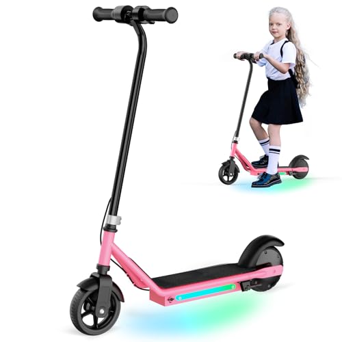 Kids Electric Scooter, 10MPH Max Speed,LED Display, Double Brake, Magnetic Charging, Pedal Light, 150W Motor, Electric Scooter for Kids Aged 6-12 (10MPH Max Speed, Pink)