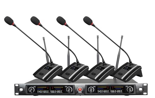 UHF 4 Channel Desktop Gooseneck Microphone System Conference Mics Super-Low Background Noise for Large Conferences, Public Speaking