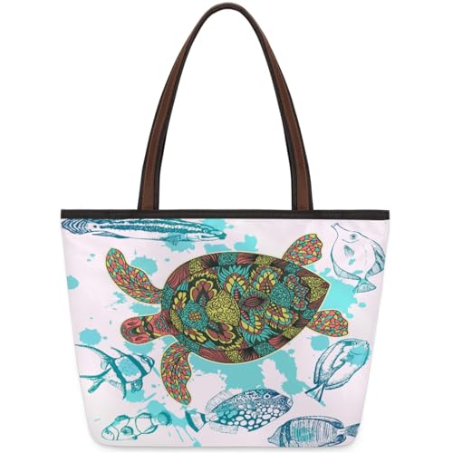 Hand Painted Floral Sea Turtle Fish Tote Bag Multi Pocket Zippered Beach Bag Lightweight Waterproof Handbag for Women Men Work Gym Travel Swimming Yoga Grocery Shopping M