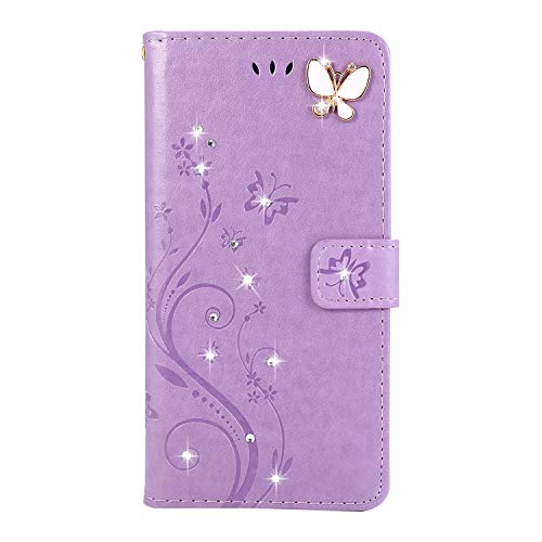 Preisvergleich Produktbild Homikon PU Leder Hülle Retro Schön Schmetterling Blume Schutzhülle Mädchen Brieftasche Ledertasche Bling Glänzend Glitzer Diamant Handyhülle Etui Kompatibel mit Samsung Galaxy S20 Plus - Hellviolett