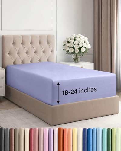 Extra Deep Twin XL Fitted Sheet - Hotel Luxury Single Fitted Sheet Only - Easily Fits 18 inch to 24 inch Mattress - Ultra Soft, Wrinkle & Fade Free w/Extra Deep Pocket - Breathable & Comfy - Lavender