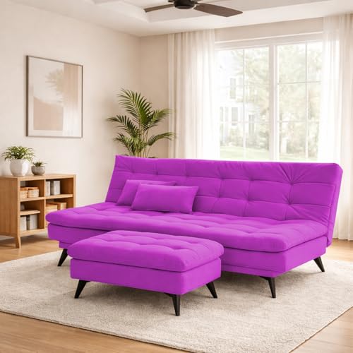 Image of Krancy Solid Wood 3 Seater Sofa Cum Bed with Ottomon | Convertible Wooden Couch for Living Room, Home & Office | Modern Designer Furniture | 1 Year Warranty | Pink Color
