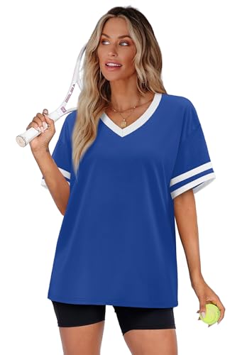 Image of WIHOLL Womens T Shirts Loose Fit Short Sleeve Tees V Neck Color Block Summer Tops 2026 Fashion S-4XL