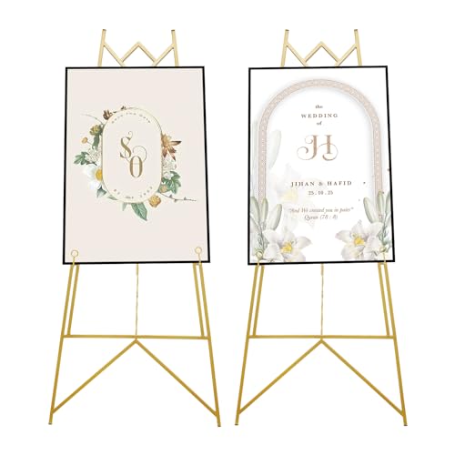 LUNUMAOS Display Easels, 50 in Height Tripod Large Gold Decorative Wedding Easel Folding Portable Artist Telescoping Adjustable Art Poster Metal Canvas Easel for Displaying Exhibits