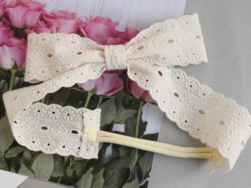 Handmade Ivory Eyelet Lace Bow Headband for Baby Girls, Soft Stretchy Band Fits 6-12 Months, Boho Vintage-Inspired Baby Hair Accessory4