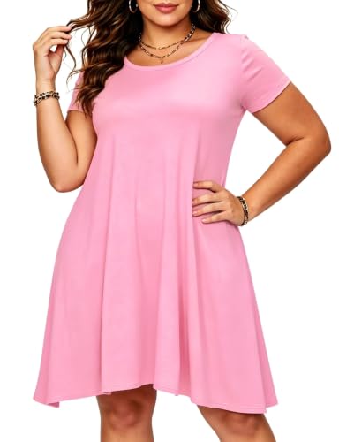 Image of Afibi Womens Short Sleeve Loose Pockets Dress Casual Swing T-Shirt Dresses