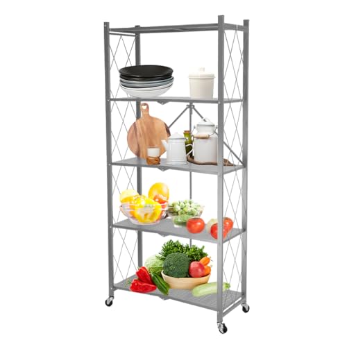 Hershii 5-Tier Foldable Storage Shelf with Wheels Rolling Collapsible Shelving Unit Metal Display Rack Organizer Heavy Duty Flower Plant Stand for Home, Kitchen, Garage, Office - Light Grey