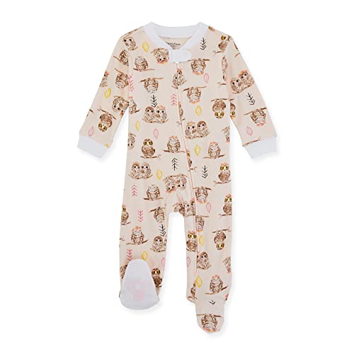 Image of Burt's Bees Baby Baby Girls' Sleep and Play Pajamas, 100% Organic Cotton One-Piece Romper Jumpsuit Zip Front Pjs, Hootin' Hippie
