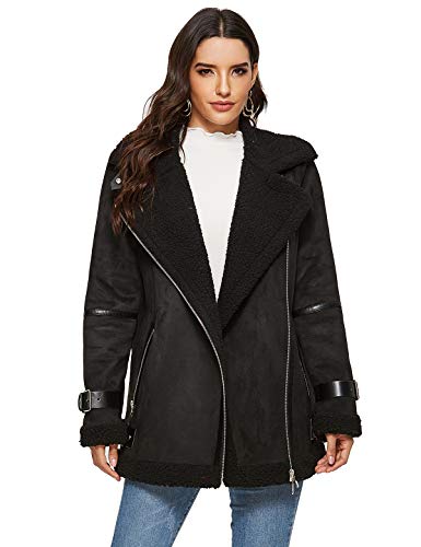 Escalier Women's Winter Lapel Faux Suede Leather Jacket with Sherpa Fleece Lining (Black, Medium)