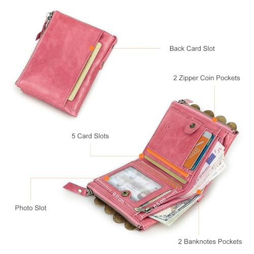 Image of CONTACTS Soft Leather Wallet for Women Small Bifold Coin Purse Double Zipper Card Holder with RFID Blocking (Watermelon Red)