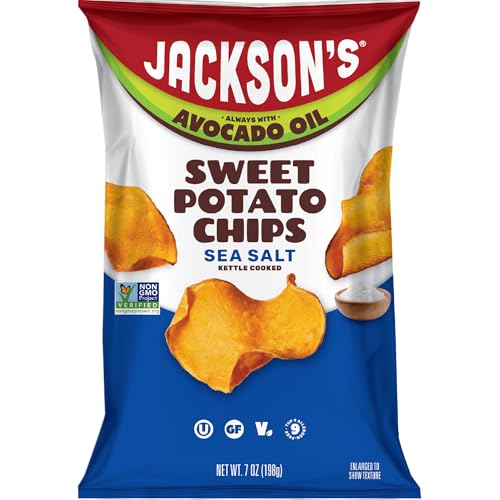 Image of Jackson's Sweet Potato Kettle Chips with Sea Salt made with Avocado Oil (7 Ounce, Pack of 6) - Allergen-friendly, Gluten Free, Peanut Free, Vegan, Paleo Friendly - Shark Tank Product