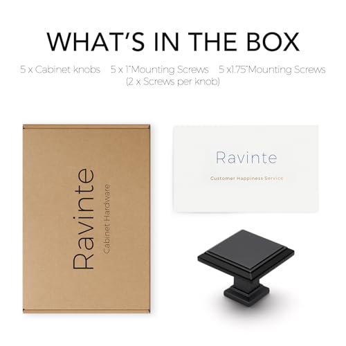 Image of Ravinte 5 Pack 1-3 /16 Inch Matte Black Kitchen Square Cabinet Knobs Solid Drawer Pulls Black Single Hole Kitchen Cabinet Hardware Knobs for Cabinets and Drawers