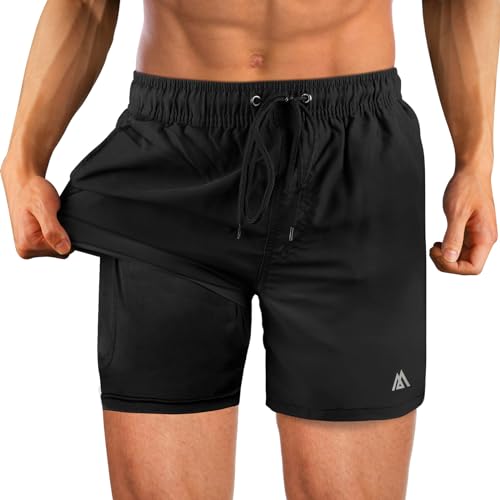 FlintronicTraje de Baño Hombre con Forro Compresión, Bañador Hombre Pantalones de Doble Capa, Pantalones Cortos de Natación Secado Rápido, Shorts de Baño para Playa, Negro, XL