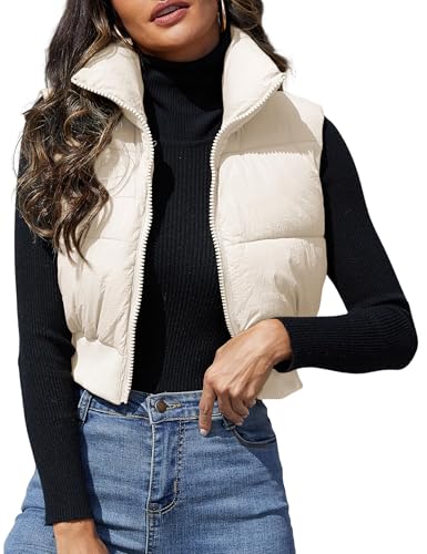 Dqbeng Cropped Puffer Vest Women Zip Up Stand Collar