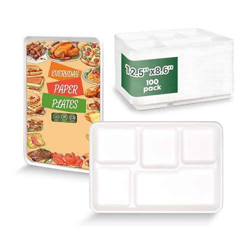 ZOES HOMEWARE 5 Compartment Plates Disposable 100 Pack 12.5 X 8.6 100% Compostable Disposable Paper Plates with Dividers for School Lunch Party Buffet Picnic