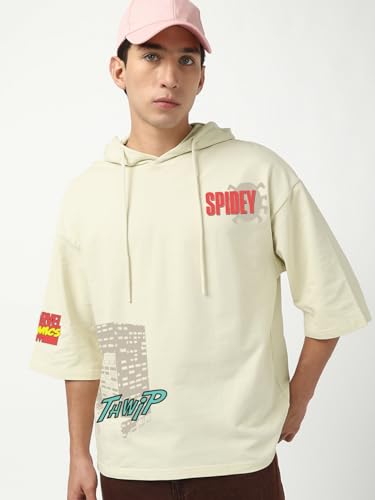 Image of Bewakoof Official Marvel Merchandise Spiderman Men's Graphic Print Oversized Fit Half Sleeve Hooded Cotton T-Shirt