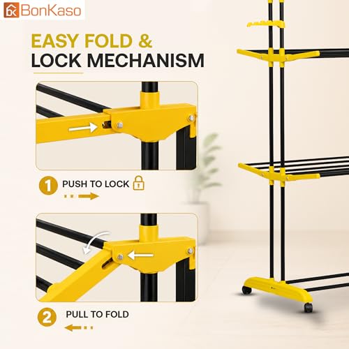 Image of BonKaso AirFold Plus 3-Tier Foldable Clothes Drying Stand, Laundry Rack with Wheels and 8 Hanger Slots for Indoor Outdoor Home