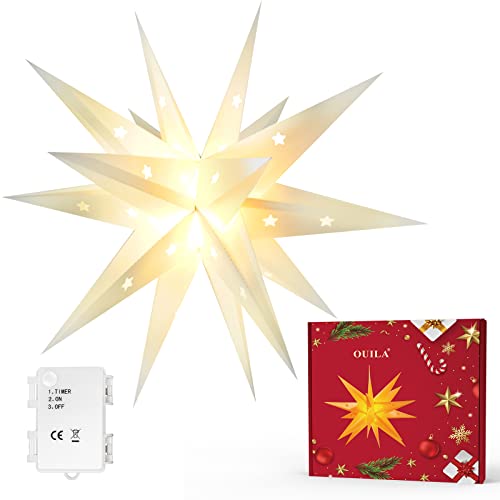 OUILA Weihnachtsstern 3D Leuchtstern, Φ45cm LED Beleuchtet Weihnachtsstern Batteriebetrieben mit Timer für Weihnachtsdeko Außen Innen Dekorative Leuchten Christbaumschmuck 3000K