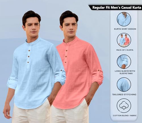 Image of Zombom Men's Combo Cotton Polyester Blend Solid Full Sleeve Straight Regular Fit Mandarin /Chinese Collor Kurta (Pack of 2)