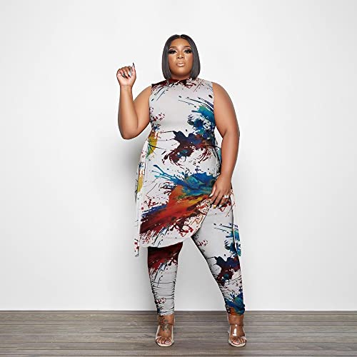 Women Plus Size 2 Piece Outfits Jumpsuit Camouflage Print Sleeveless Slit Tunic Tops Pant Set3