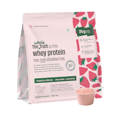Image of The Whole Truth Whey Protein Isolate+Concentrate | Strawberry Shake 500g (1.1 lbs) | 24g Protein per scoop | 5.6g BCAA | 100% Authentic Whey | Real Strawberries | No Artificial Flavours