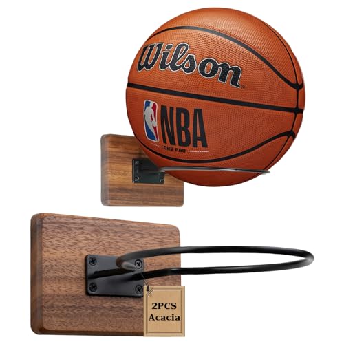 Rovarahoom Basketball Holder Wall Mount 2 Pcs Acacia Wood Ball Holder for Storage Soccer Volleyball Football Autograph Basketball Rack Display for Boys Sports Accessories Organizer Wall Decor