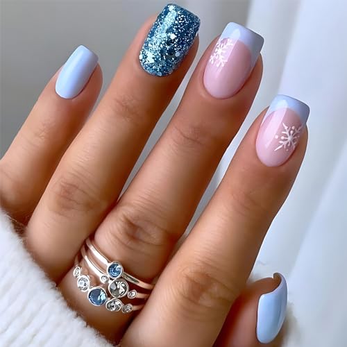 White Snowflake Fake Nails Winter Xmas Press on Nails Blue French...