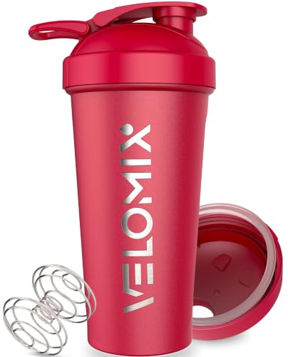 Image of VELOMIX 24oz Stainless Steel Shaker Bottle with Wire Whisk (Red) | Wire Whisk Included, Leak Proof, No Clumps, Insulated, For Protein Shakes and Smoothies, Odor and Stain Resistant