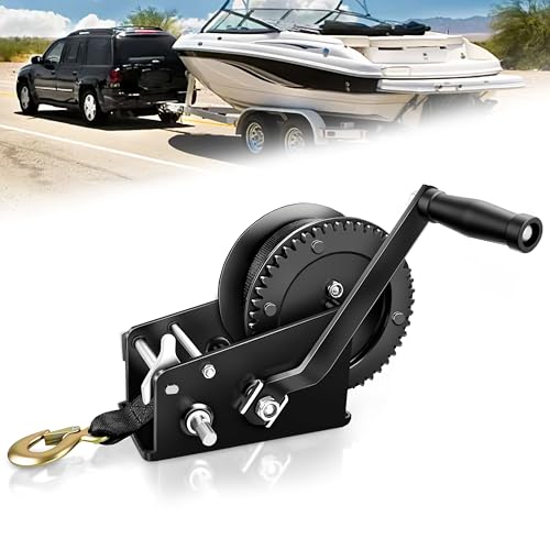 YIYITOOLS 3500lbs Heavy Duty Boat Trailer Winch, Hand Winch with 32FT Strap, Two Way Ratchet 4:1/8:1Gear Trailer Winch, Portable Hand Crank Winch for Towing Pulling Boat Trailer Truck RV ATV Jet Ski