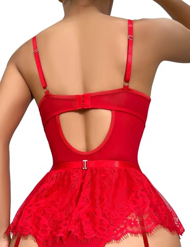 Image of Alrovetoney Women Lingerie Set Naughty Lace Bodysuit High Waisted Underwire Lingerie Babydoll With Garter Belt and Stockings