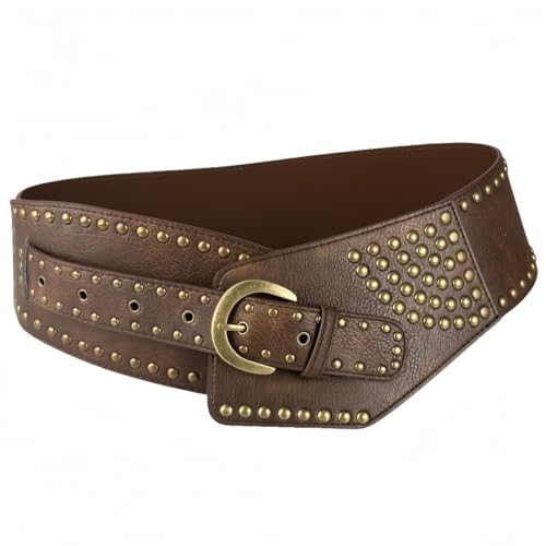 Women's Wide Corset Belt with Studs and Buckles - Chunky Brown Leather Waist Cincher for Statement Outfits