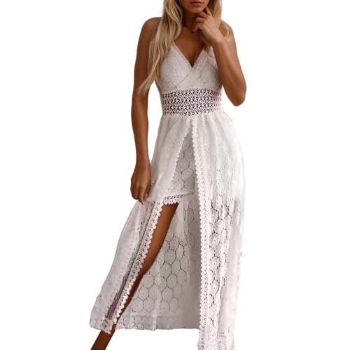 Damen V-Ausschnitt Ärmellos Strick Spitze Cutout Sling Maxikleid - Rüschen Offener Rücken Unregelmäßiger Saum Vintage Partykleid Boho Solid...