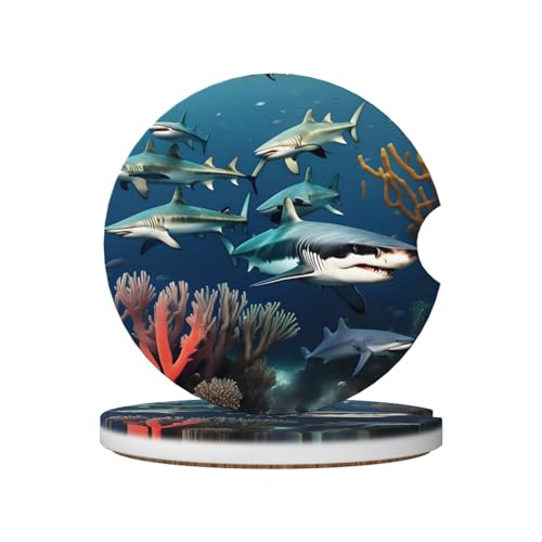 Sottobicchieri per auto in ceramica con stampa di squali sotto il mare (confezione da 2) assorbono l'umidità, sono antiscivolo e facili da pulire per auto, camion e barche.