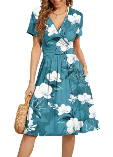 Image of WEACZZY Women's Summer Short Sleeve Casual Dresses V-Neck Floral Party Dress with Pockets