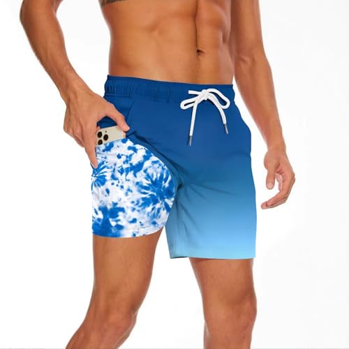 GIBZ 2 in 1 Swimming Shorts Men Tie-Dye Gradient Quick Dry Swim Trunks with Compression Liner Pockets Beach Shorts3