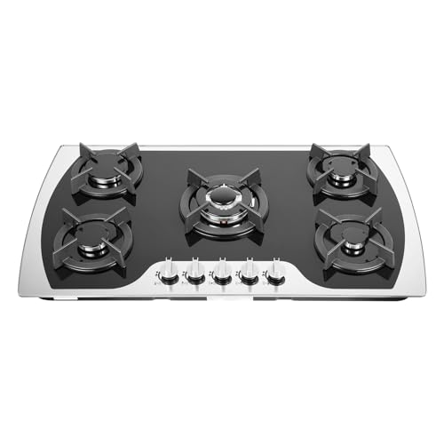 Placa de Cocción de Gas con 5 Quemadores Cocina Empotrable, GLP/GN, 5 Quemadores, Acero Inoxidable, Encimera Gas 5 Fuegos 90x51x6 cm