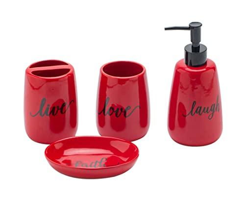Bathroom accesory Set Ceramic 4pc Toothbrush Holder soap Dispenser soap Dish Tumble Cup for Bathroom Decor and Gift (Navy) (RED)