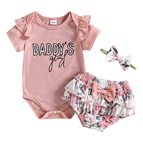 Image of Zoiuytrg Infant Baby Girl Father's Day Clothes Daddy's Little Girl Romper Tops Ruffle Leopard Bottom Shorts with Headband