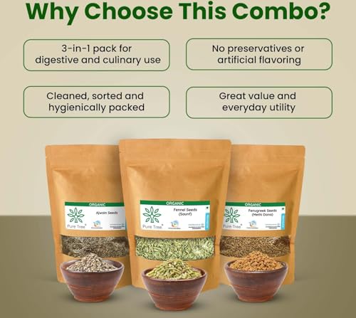 Image of Pure Tree Certified Organic Ajwain, Methi, Saunf | 75 g Each | Carom, Fenugreek & Fennel Seeds | Spices Whole Vaamu, Methi dana, Variyali Combo Pack