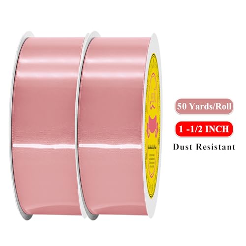 Image of 100 Yards Dusty Rose Satin Ribbon Polyester Ribbon for Gift Wrapping Very Suitable for Weddings Party Hair Bow Invitation Decorations and More（1-1 /2 inch X 50Yards X 2 Roll）