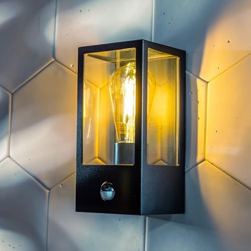 CGC Lighting Outdoor Outside Wall Light Contemporary Box Lantern Garden Porch Post Driveway Patio Lamp Weatherproof (Black Aluminium PIR) - Image 4