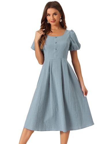 Image of Allegra K Plaid Dress for Women Summer Smocked Back Round Neck Puff Short Sleeve Flowy Midi Dresses