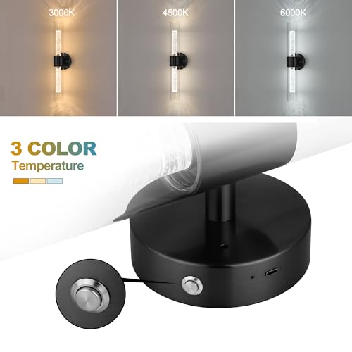 Battery Operated Wall Sconce Set of 2, Black Rechargeable Wireless Sconces 10000mAh 3000K/4500K/6000K Timer Function Battery Operated Wall Light with Remote Control for Living Room Bedroom