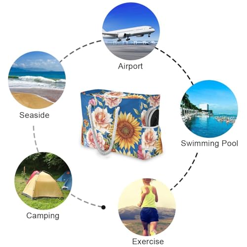 Fall Flowers Sunflower Snapdragon Blue Portable Sandproof Outdoor Tote with side pocketes Bag Women Travel Essentials Beach Birthday for Women4