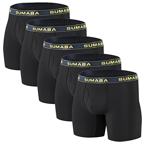 Mens Bamboo Viscose Boxer Briefs Big and Tall Open Fly Pouch No Ride Up Long Leg Tagless Underwear Pack2