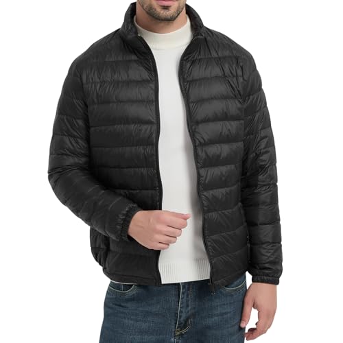 Comfitude Mens Quilted Lightwight Puffer Jacket Down Jacket Coats with Pockets Portable Winter Coat with Storage Bag (US Alpha Medium Regular Regular Black)