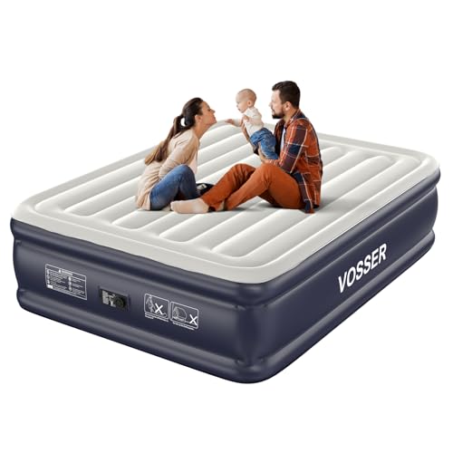 VOSSER Air Mattress Queen with Built in Pump,18'' Inflatable Mattress of Vertical Beams,Self Inflatable/Deflation Blow Up Mattress in 3 Mins,Flocked Top Airbed with Carry Bag for Home, Camping