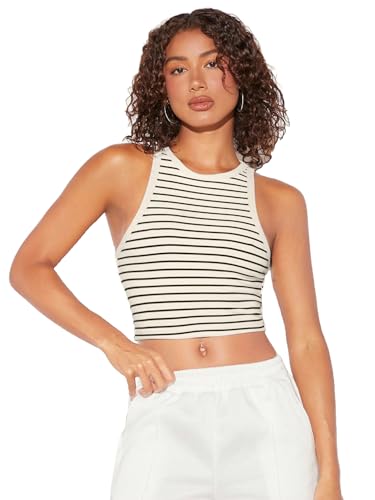 Image of Aahwan Women's & Girl's 100% Polyester Black Slim Fit Striped Crop Racerback Tank Top
